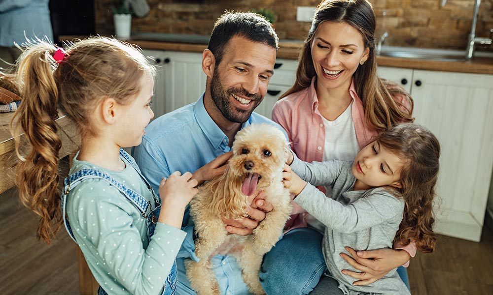 Family petting dog inside home